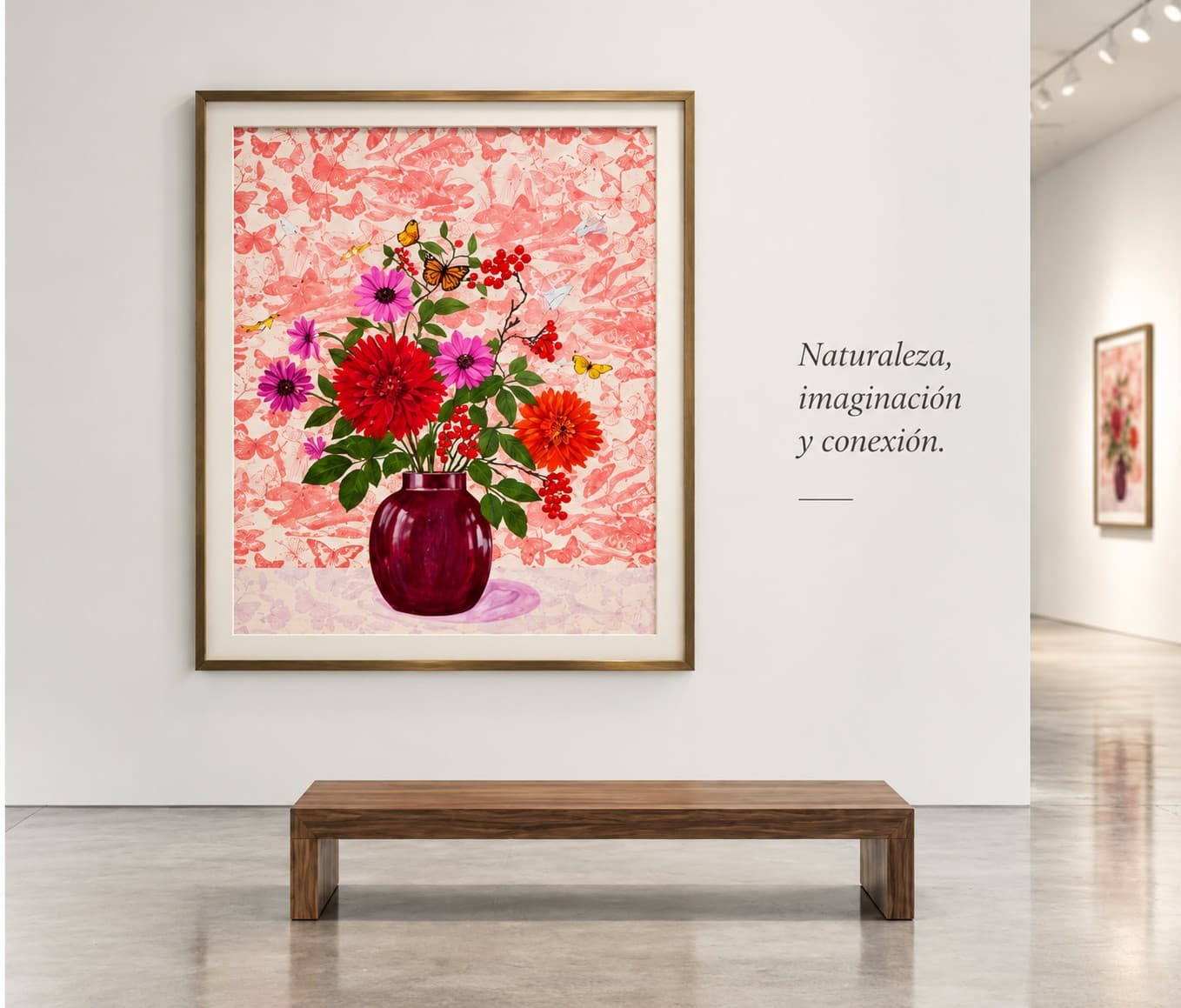“Inspiración hermana”, de Erika Dounce, en una sala de galería. En el muro: “Naturaleza, imaginación y conexión.”