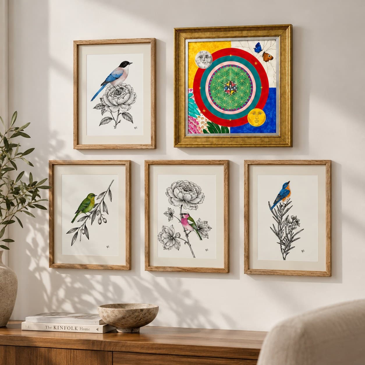 Muro con cuatro dibujos de aves de Erika Dounce y “I AM” en marco dorado