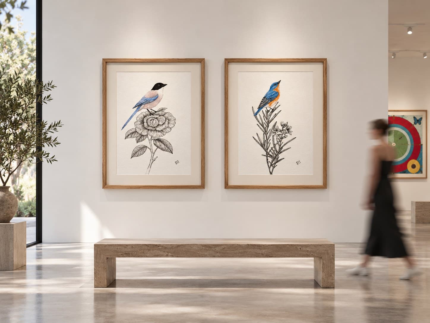 Dos dibujos de aves de Erika Dounce, enmarcados en una sala de galería