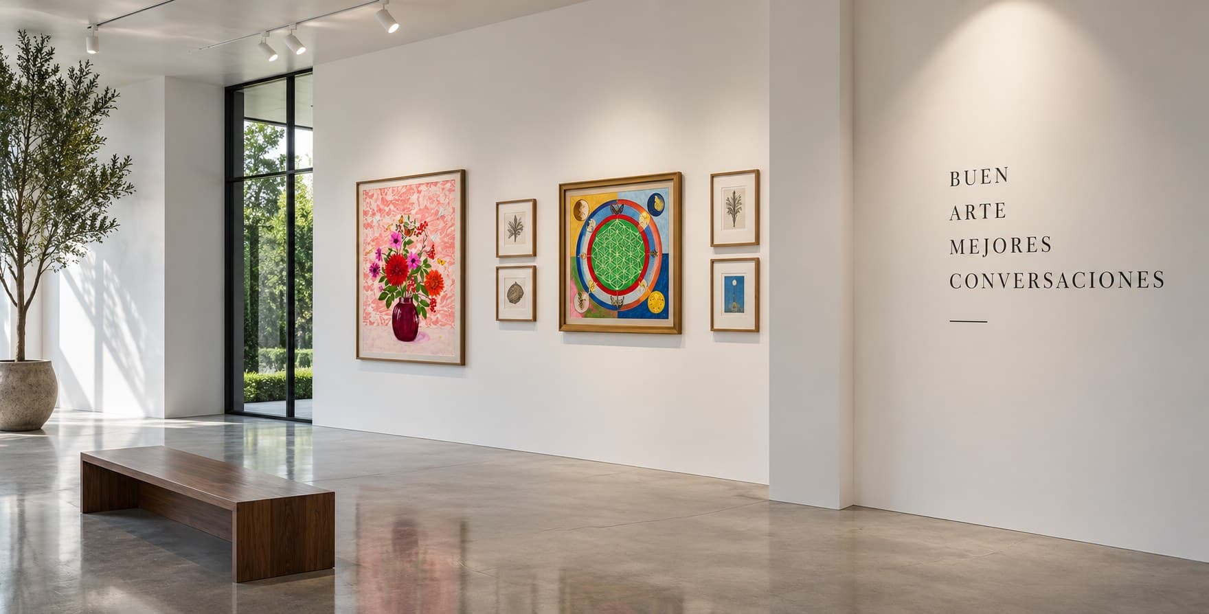 Muro de galería con “Inspiración hermana”, “I AM” y cuatro dibujos botánicos de Erika Dounce; en el muro de al lado: “Buen arte, mejores conversaciones”