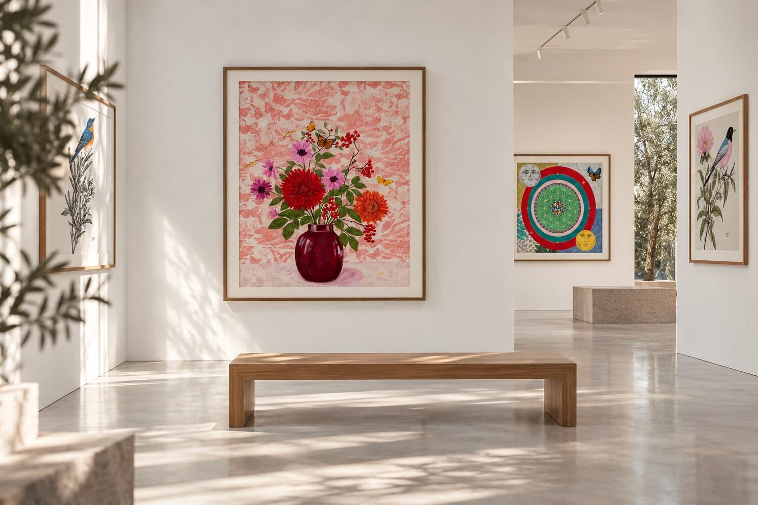 Sala de galería con “Inspiración hermana” al centro, “I AM” al fondo y dibujos de aves de Erika Dounce en los muros