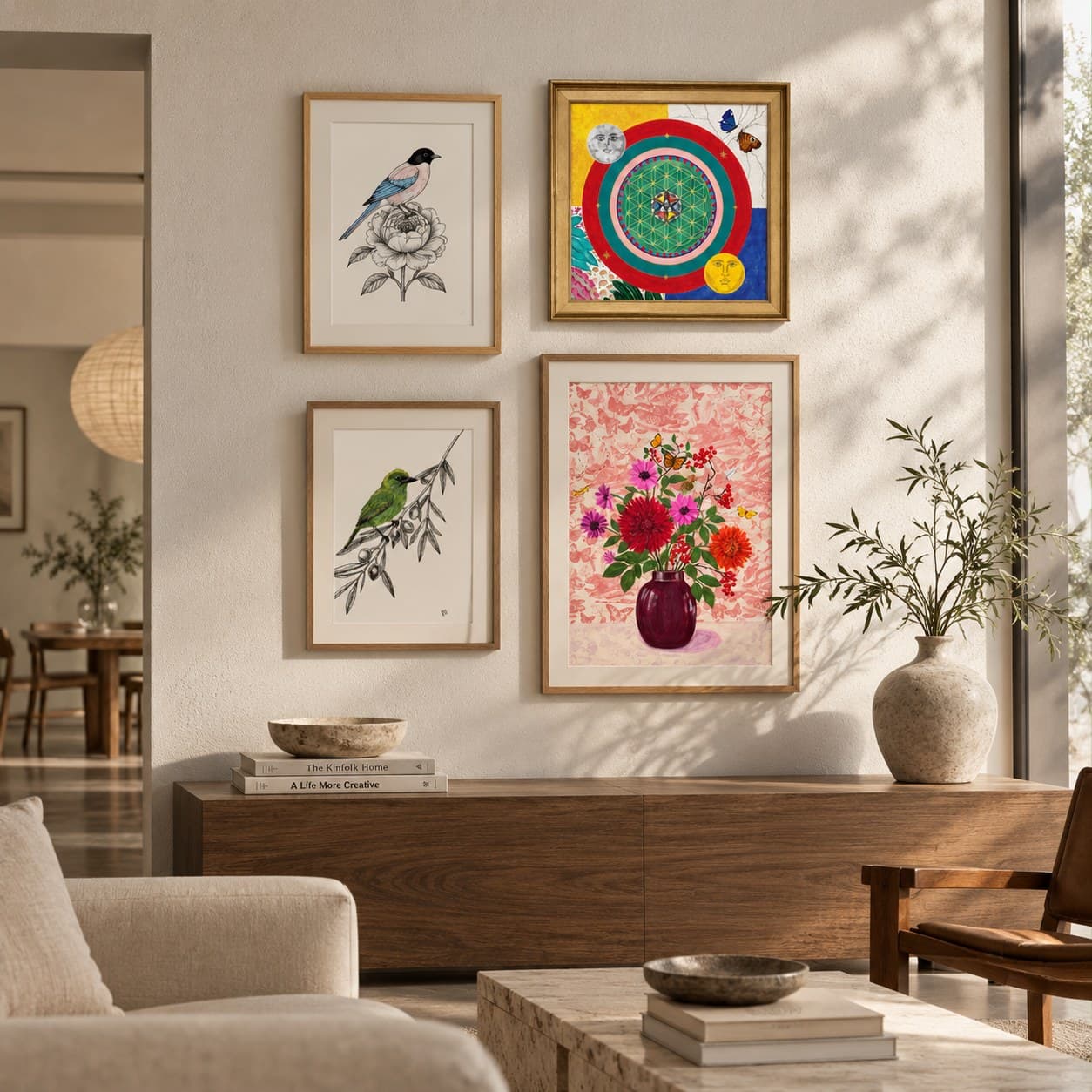 Sala de una casa con dos dibujos de aves de Erika Dounce, “I AM” e “Inspiración hermana” sobre un mueble de madera